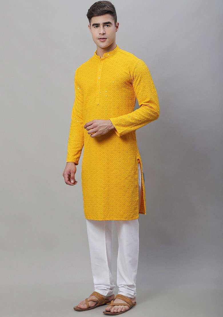 Mustard Embroidered Cotton Kurta Set For Men - Indya