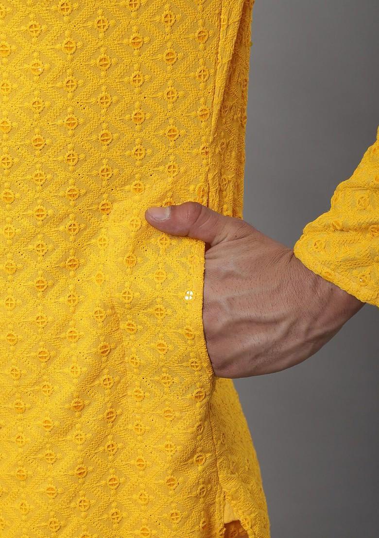 Mustard Embroidered Cotton Kurta Set For Men