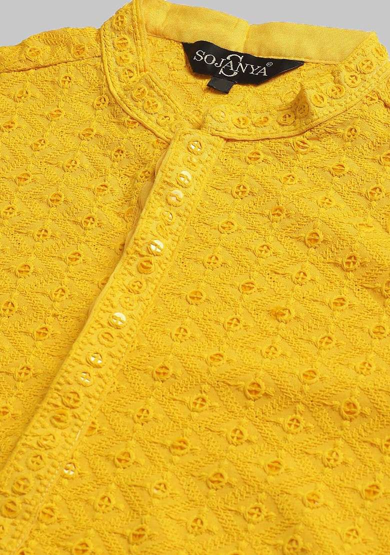 Mustard Embroidered Cotton Kurta Set For Men - Indya