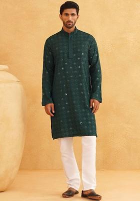 Green Thread Work Cotton Kurta Set For Men