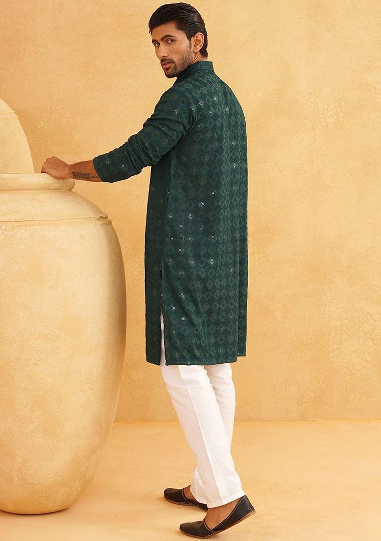 Green Thread Work Cotton Kurta Set For Men