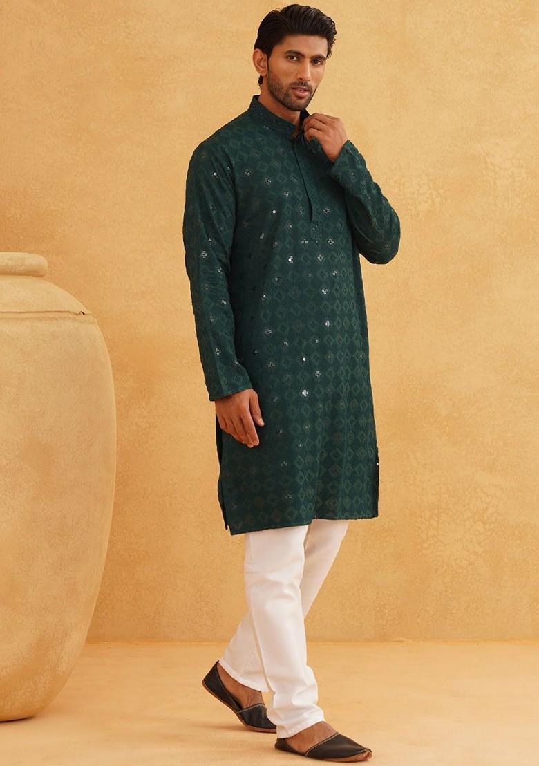 Green Thread Work Cotton Kurta Set For Men