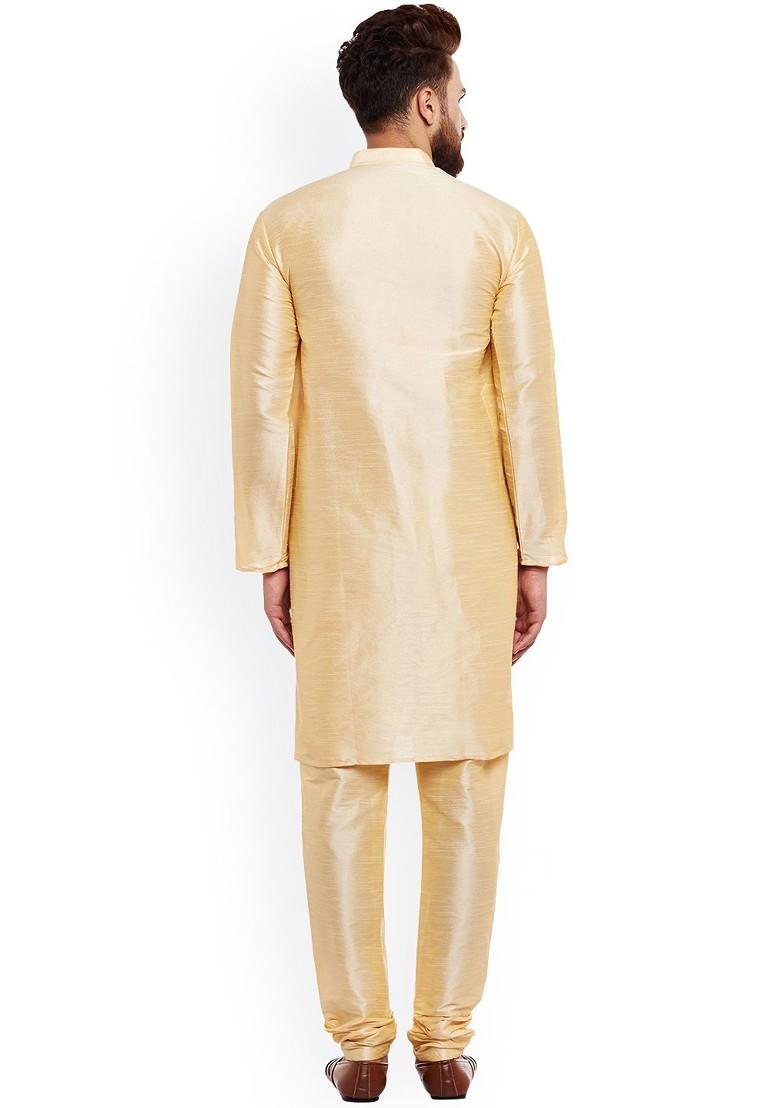 Beige Solid Poly Blend Kurta Set For Men