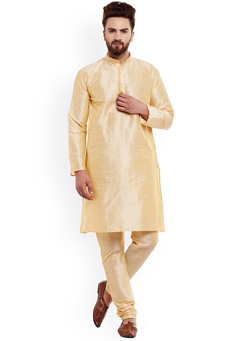 Beige Solid Poly Blend Kurta Set For Men
