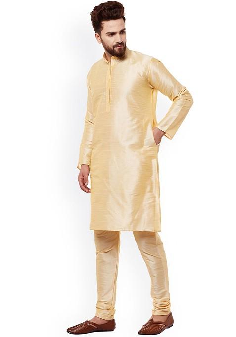 Beige Solid Poly Blend Kurta Set For Men