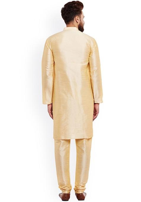 Beige Solid Poly Blend Kurta Set For Men