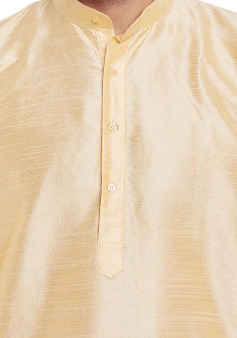 Beige Solid Poly Blend Kurta Set For Men