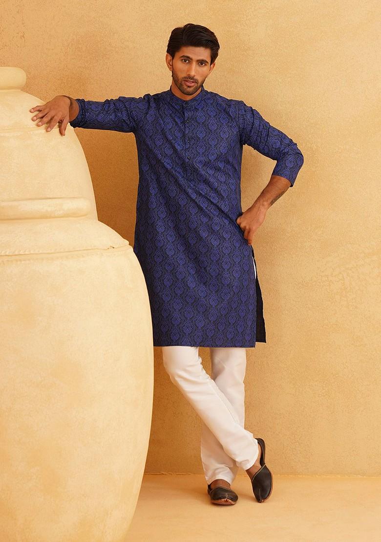 Blue Ethnic Motifs Cotton Kurta Set For Men