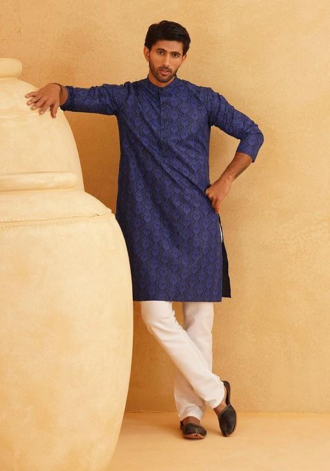 Blue Ethnic Motifs Cotton Kurta Set For Men
