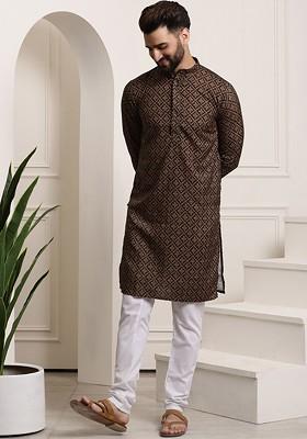 Mustard Ethnic Motifs Cotton Kurta Set For Men