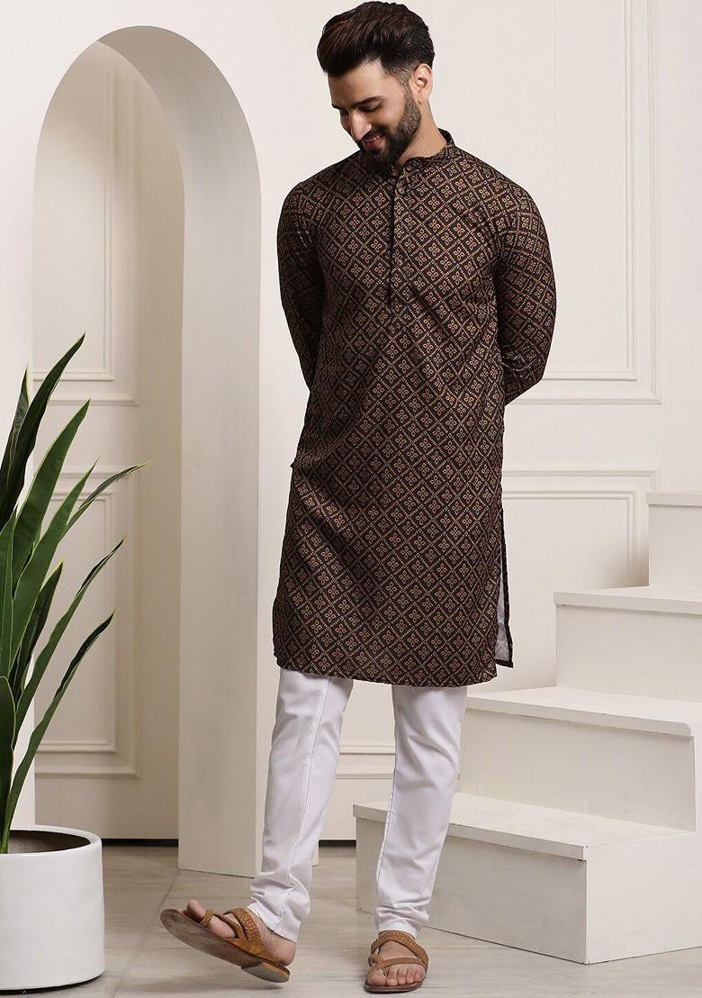 Mustard Ethnic Motifs Cotton Kurta Set For Men