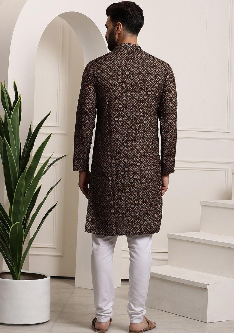 Mustard Ethnic Motifs Cotton Kurta Set For Men