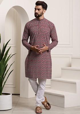 Brown Printed Cotton Kurta Set For Men