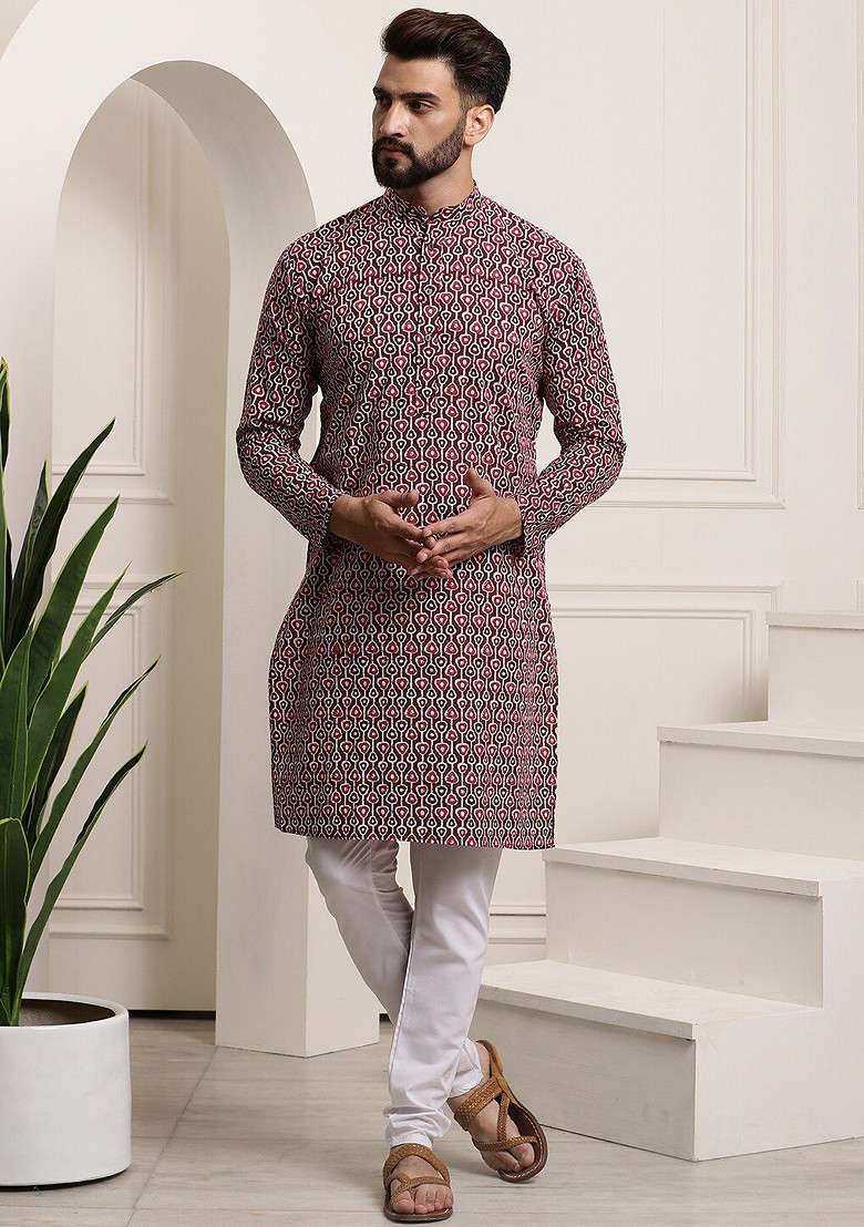 Brown Printed Cotton Kurta Set For Men - Indya