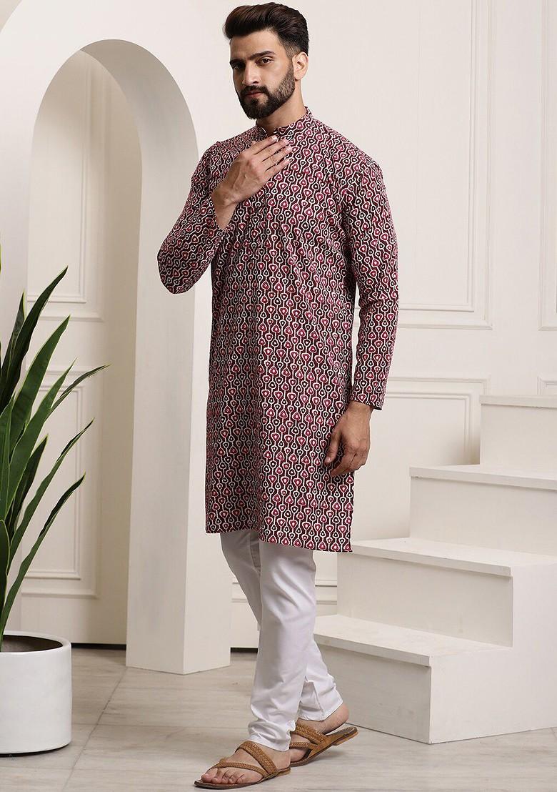 Brown Printed Cotton Kurta Set For Men