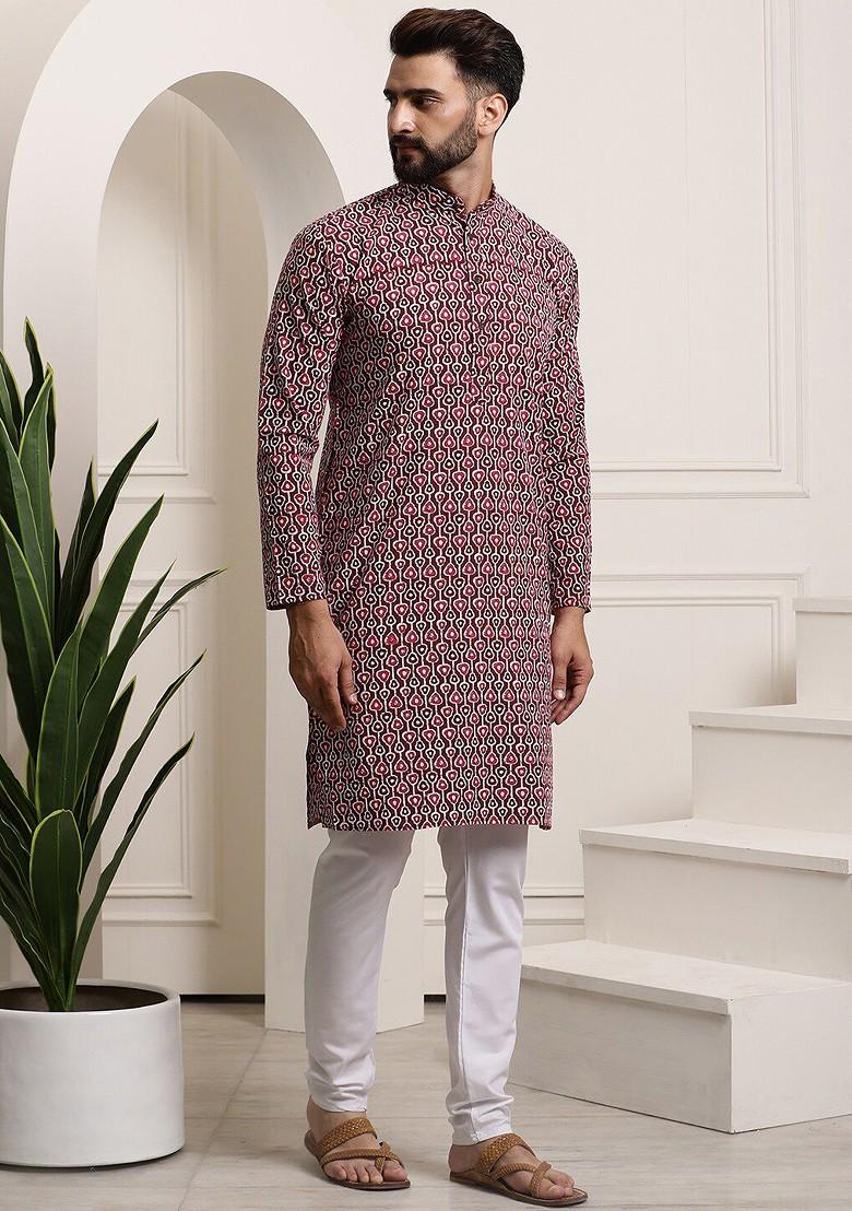 Brown Printed Cotton Kurta Set For Men
