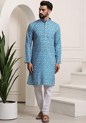 Turquoise Blue Ethnic Motifs Cotton Kurta Set For Men