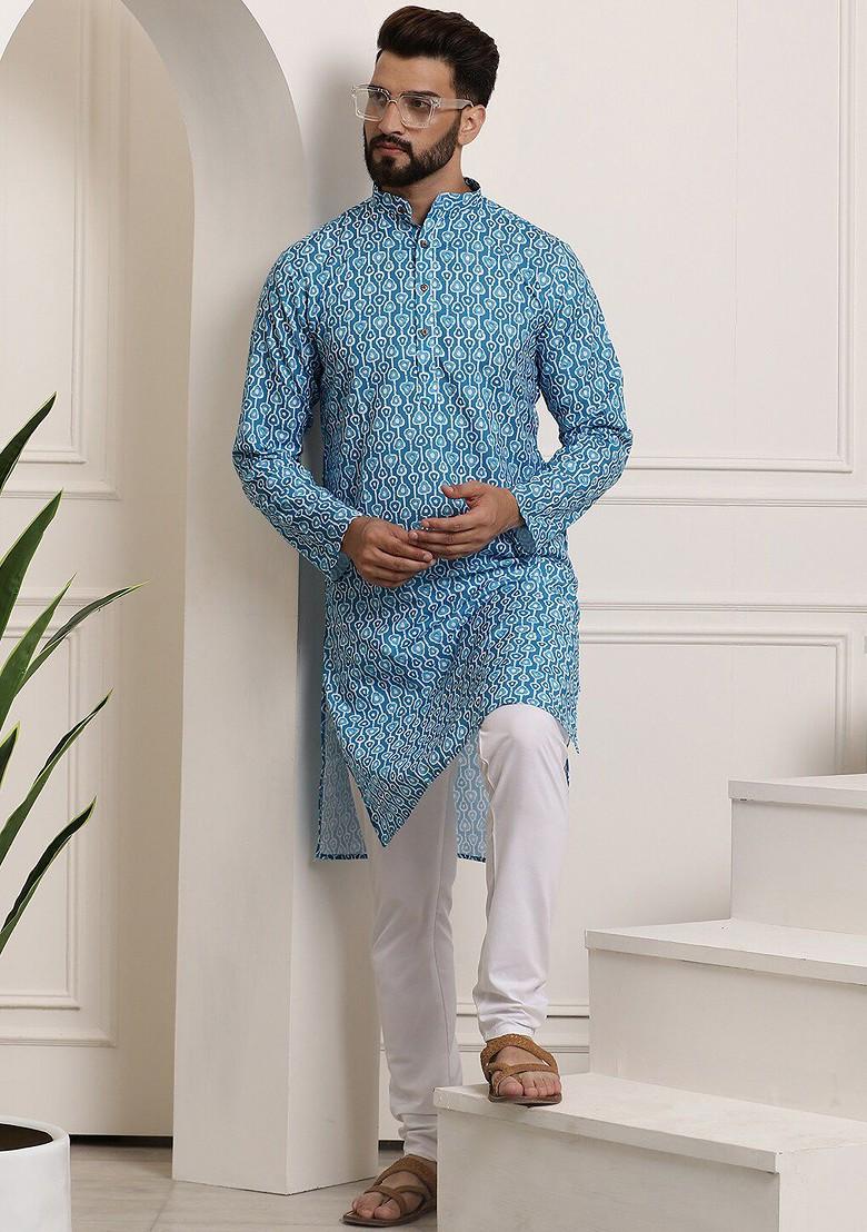 Turquoise Blue Ethnic Motifs Cotton Kurta Set For Men