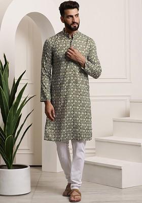 Green Ethnic Motifs Cotton Kurta Set For Men