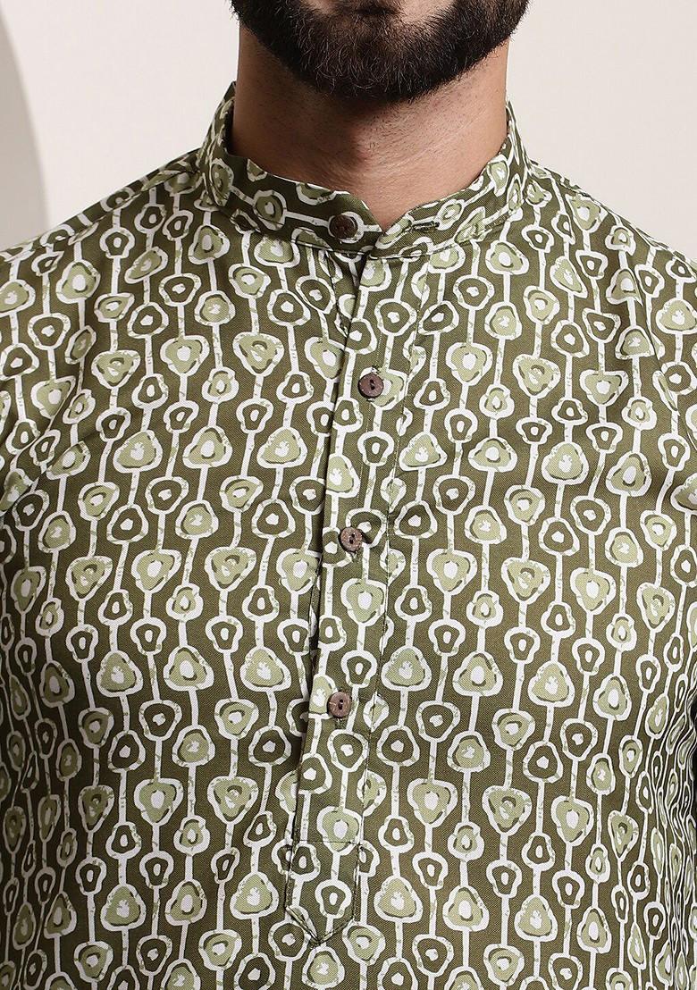 Green Ethnic Motifs Cotton Kurta Set For Men