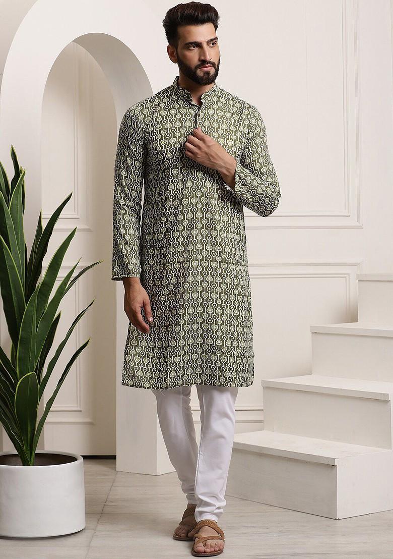 Green Ethnic Motifs Cotton Kurta Set For Men