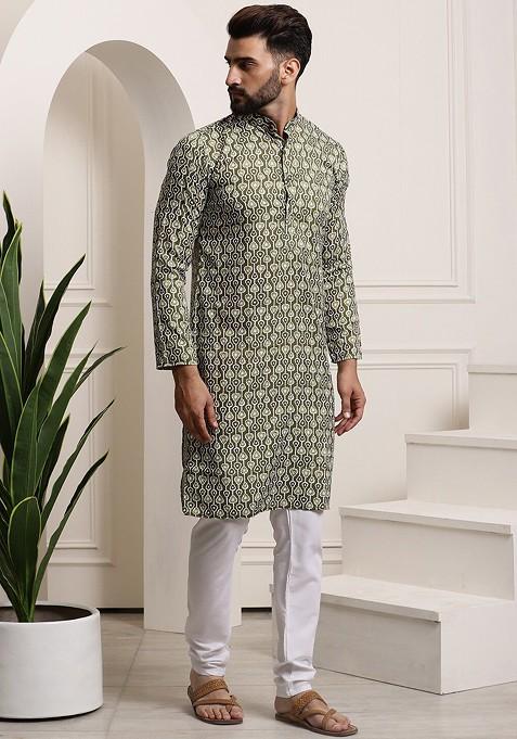 Green Ethnic Motifs Cotton Kurta Set For Men