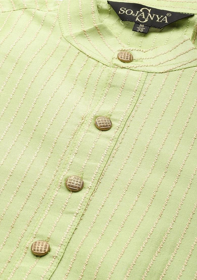 Green Striped Poly Blend Kurta Set For Men