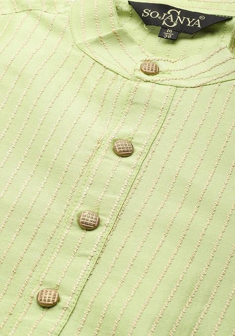 Green Striped Poly Blend Kurta Set For Men
