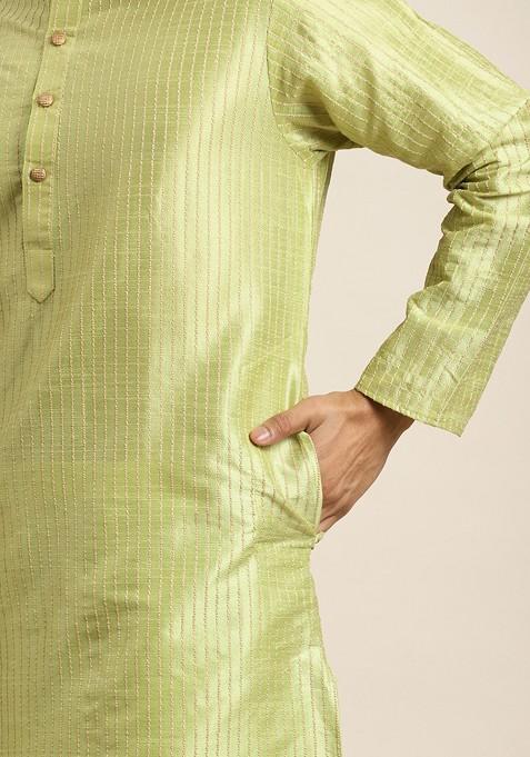Green Striped Poly Blend Kurta Set For Men