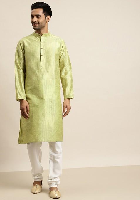 Green Striped Poly Blend Kurta Set For Men
