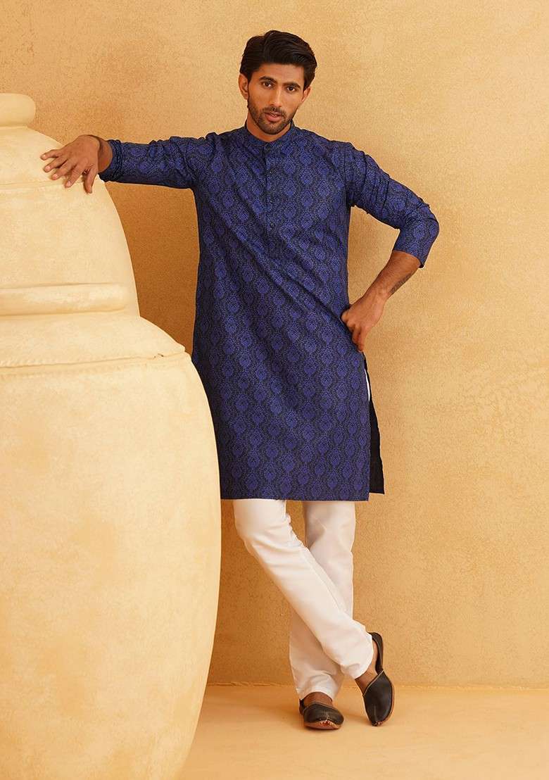 Navy Blue Ethnic Motifs Poly Blend Kurta Set For Men - Indya
