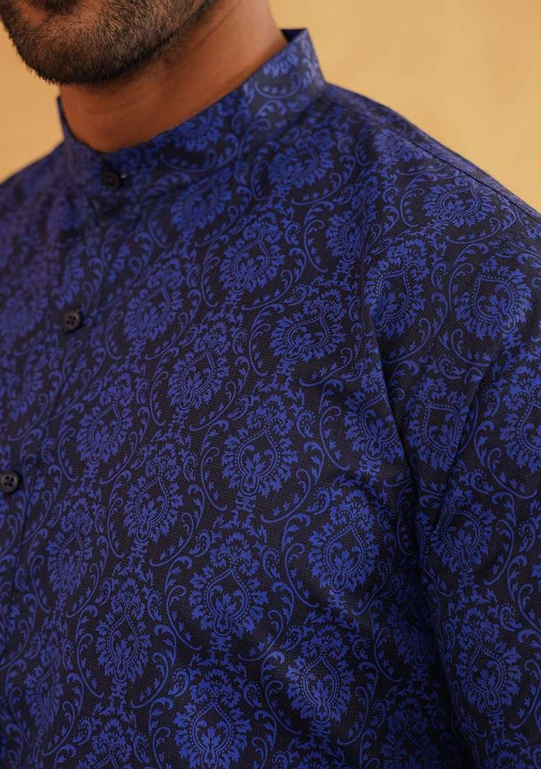 Navy Blue Ethnic Motifs Poly Blend Kurta Set For Men - Indya