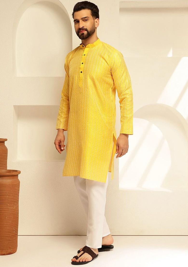 Yellow Thread Work Poly Blend Kurta Set For Men