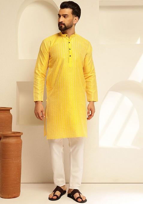 Yellow Thread Work Poly Blend Kurta Set For Men