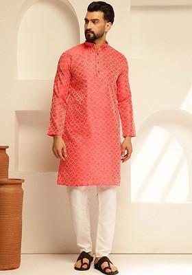 Red Ethnic Motifs Poly Blend Kurta Set For Men
