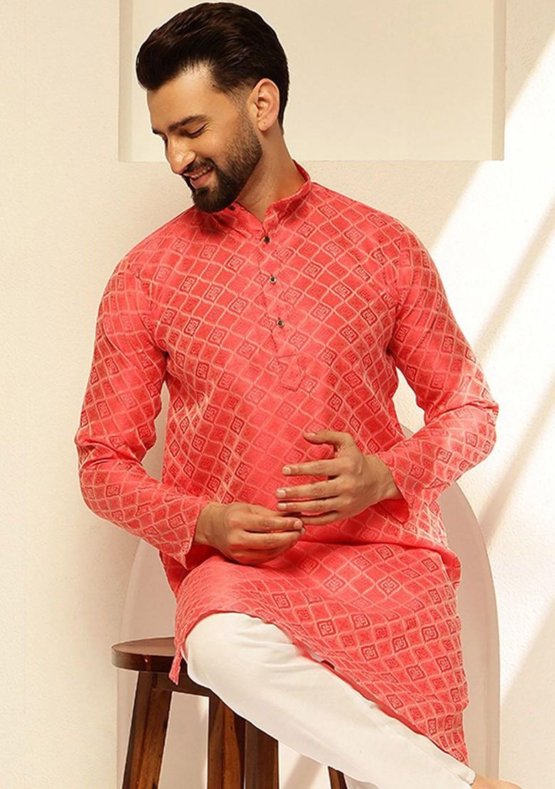 Red Ethnic Motifs Poly Blend Kurta Set For Men