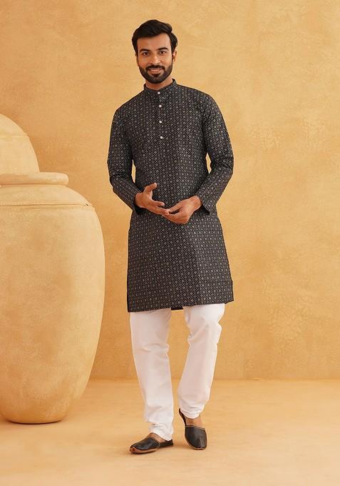 Black Printed Cotton Kurta Set For Men