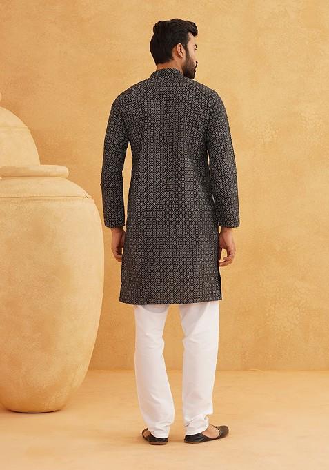 Black Printed Cotton Kurta Set For Men