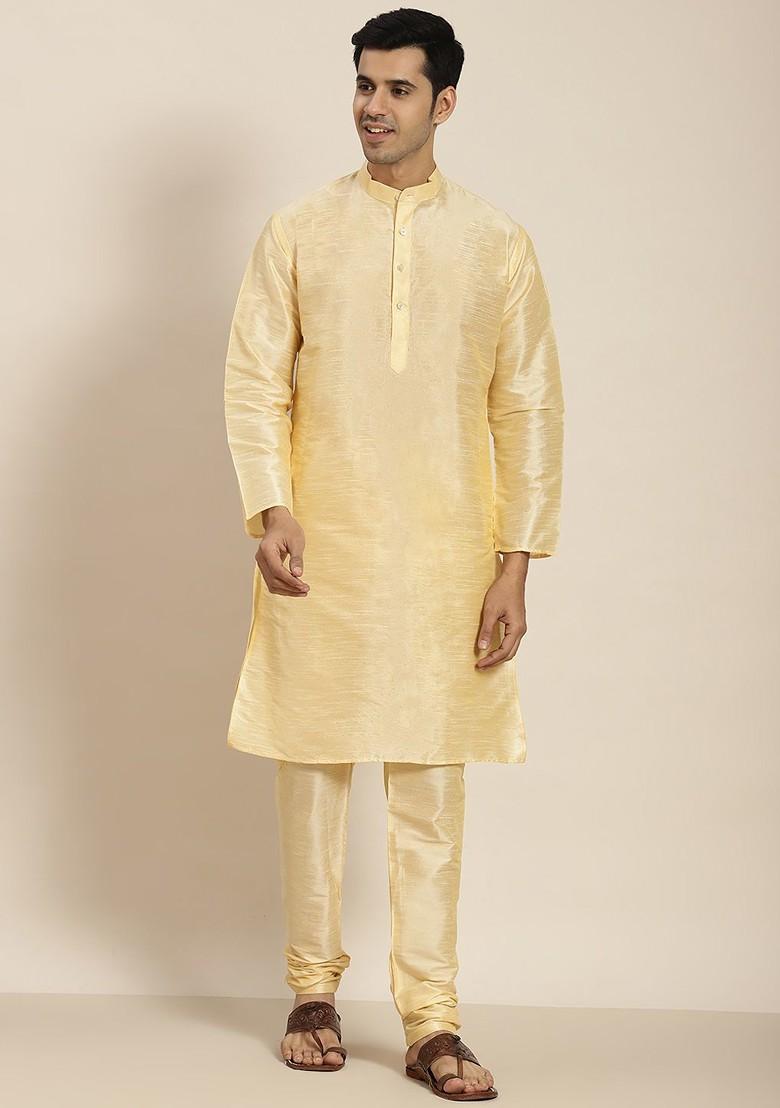 Gold Solid Poly Blend Kurta Set For Men