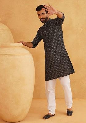 Black Ethnic Motifs Cotton Kurta Set For Men