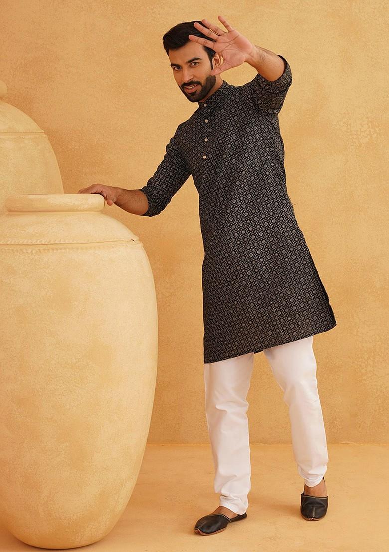 Black Ethnic Motifs Cotton Kurta Set For Men