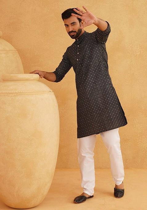Black Ethnic Motifs Cotton Kurta Set For Men