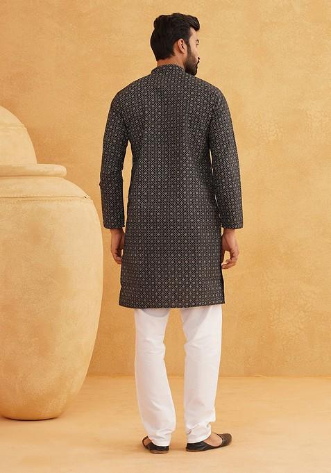 Black Ethnic Motifs Cotton Kurta Set For Men