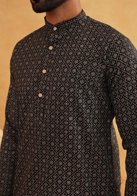 Black Ethnic Motifs Cotton Kurta Set For Men