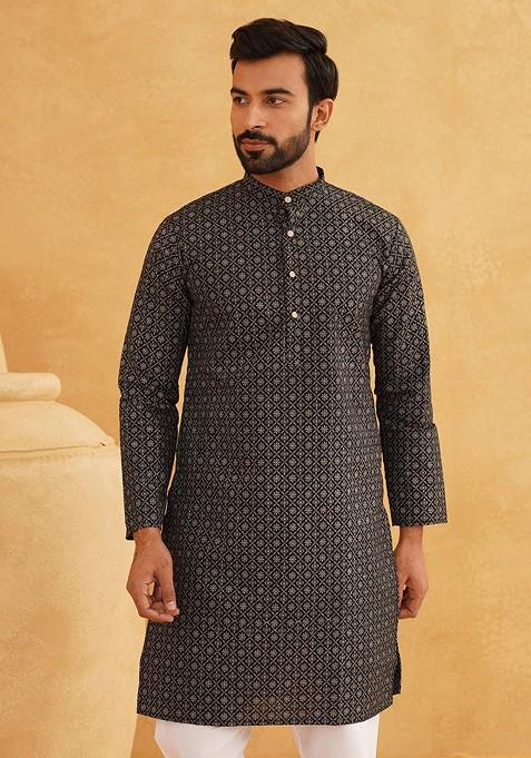 Black Ethnic Motifs Cotton Kurta Set For Men