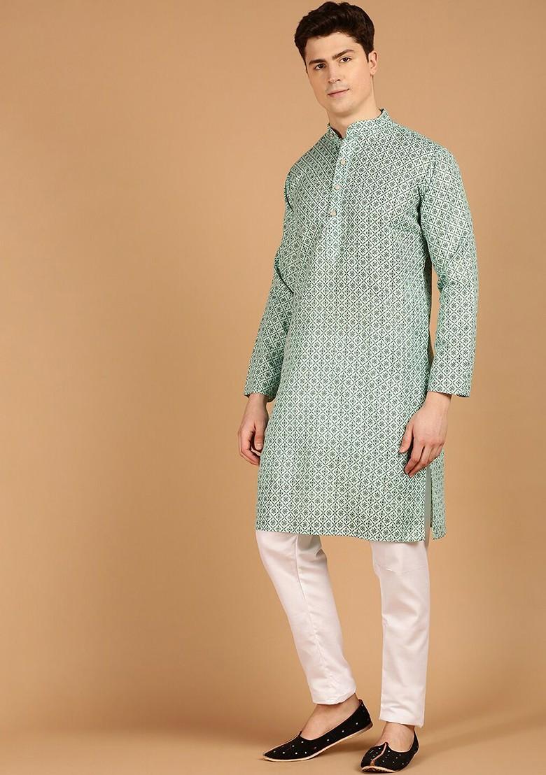 Sea Green Ethnic Motifs Cotton Kurta Set For Men