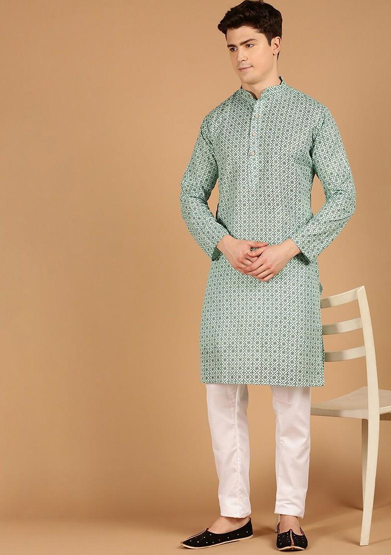 Sea Green Ethnic Motifs Cotton Kurta Set For Men