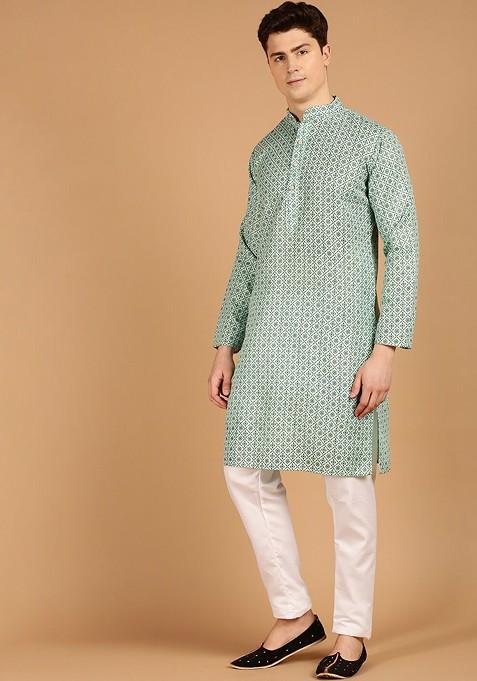 Sea Green Ethnic Motifs Cotton Kurta Set For Men