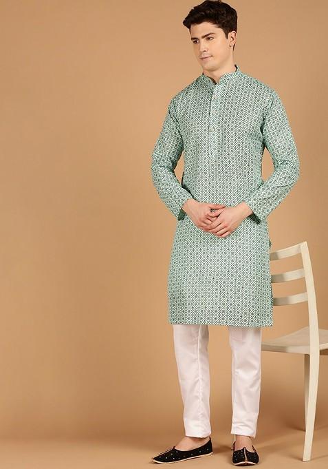 Sea Green Ethnic Motifs Cotton Kurta Set For Men