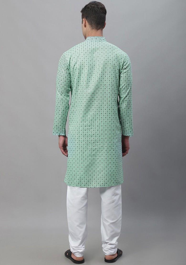 Sea Green Ethnic Motifs Cotton Kurta Set For Men